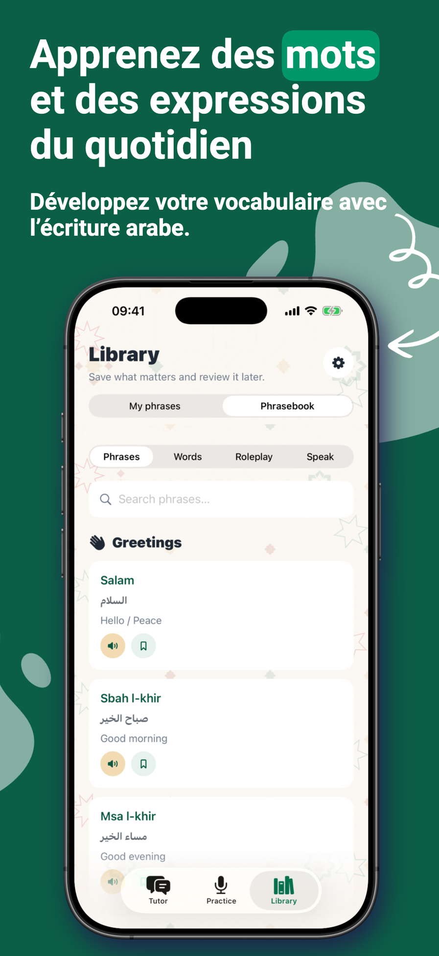 Carnet de phrases SayDarija avec écriture arabe et audio